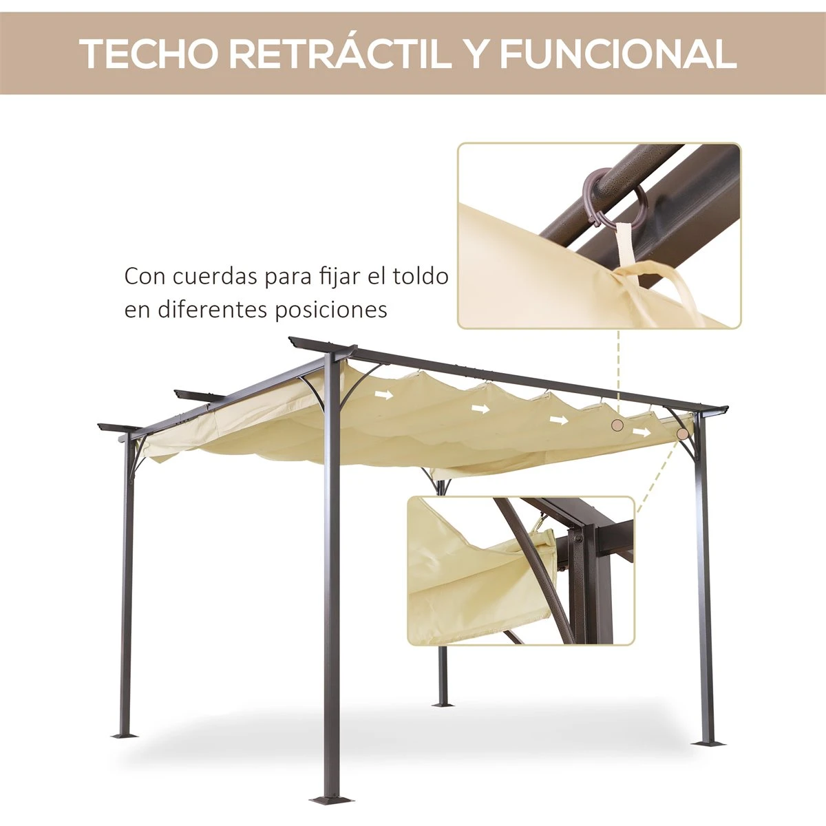 Outsunny Pérgola De Metal 3.5x3.5m Gazebo Cenador Para Jardín Patio O Terraza Con Techo Retráctil Tela Poliéster Resistente Al Agua Y UV 7 Outsunny Pérgola De Metal 3.5x3.5m Gazebo Cenador Para Jardín Patio O Terraza Con Techo Retráctil Tela Poliéster Resistente Al Agua Y UV - Imagen 5