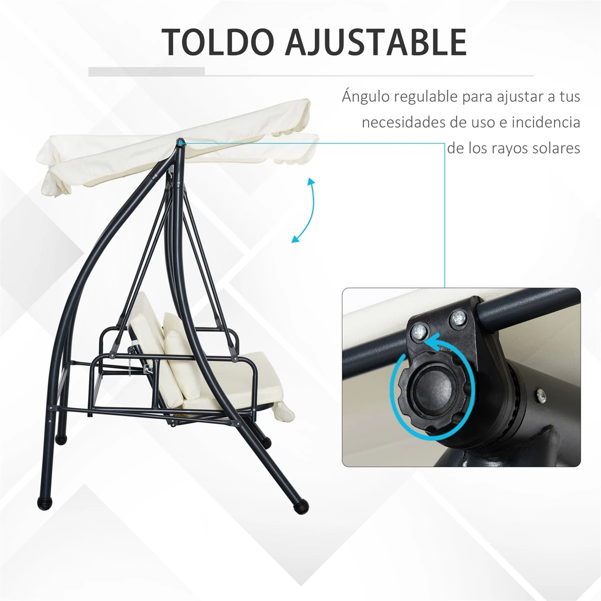 Outsunny Columpio Balancín Jardín De 3 Plazas Convertible En Cama Con Techo Ajustable Cojín Acolchado Y Almohadas Para Balcón Terraza Carga 340 Kg Acero 200x125x170 Cm Crema 7 Outsunny Columpio Balancín Jardín De 3 Plazas Convertible En Cama Con Techo Ajustable Cojín Acolchado Y Almohadas Para Balcón Terraza Carga 340 Kg Acero 200x125x170 Cm Crema - Imagen 5