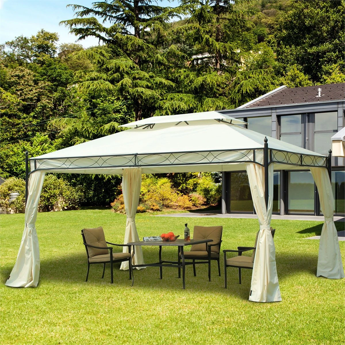 Outsunny Cenador De Jardín 4x3m Pabellón Con Techo Doble Transpirable Y 4 Cortinas Laterales Extraíbles Carpa De Acero Para Fiestas Bodas Eventos Al Aire Libre Crema 4 Outsunny Cenador De Jardín 4x3m Pabellón Con Techo Doble Transpirable Y 4 Cortinas Laterales Extraíbles Carpa De Acero Para Fiestas Bodas Eventos Al Aire Libre Crema - Imagen 2