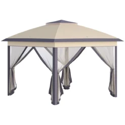 Outsunny Carpa Plegable Exterior 3,3x3,3x2,88 M Altura Ajustable Cenador De Jardín Con Doble Techo 4 Mosquiteras Extraíbles Y Bolsa De Transporte Para Camping Fiestas Beige