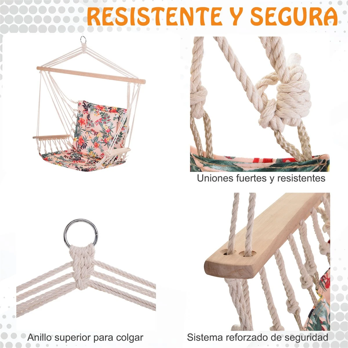 Outsunny Silla Colgante Estampado Floral Hamaca Con Cojín Reposacabezas Para Interior Exterior 100x106 Cm Carga Máx. 100 Kg 7 Outsunny Silla Colgante Estampado Floral Hamaca Con Cojín Reposacabezas Para Interior Exterior 100x106 Cm Carga Máx. 100 Kg - Imagen 5