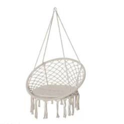 Outsunny Silla Colgante Redondo De Ø60 Cm Silla Hamaca Columpio Con Cojín Y Cuerda De Algodón Para Interior Y Exterior 80x80x42 Cm Beige