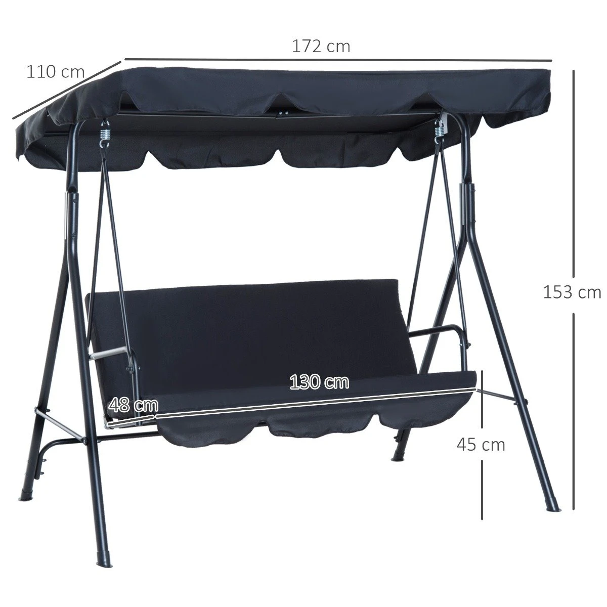 Outsunny Columpio De Jardín De 3 Plazas Silla Balancín Con Parasol Techo Ajustable En Ángulo Para Terraza Balcón Carga Máx. 200 Kg Acero 172x110x153 Cm Negro 5 Outsunny Columpio De Jardín De 3 Plazas Silla Balancín Con Parasol Techo Ajustable En Ángulo Para Terraza Balcón Carga Máx. 200 Kg Acero 172x110x153 Cm Negro - Imagen 3