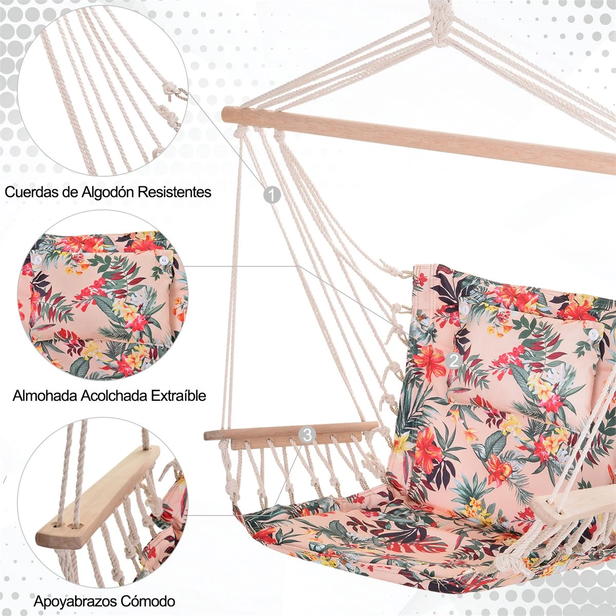 Outsunny Silla Colgante Estampado Floral Hamaca Con Cojín Reposacabezas Para Interior Exterior 100x106 Cm Carga Máx. 100 Kg 6 Outsunny Silla Colgante Estampado Floral Hamaca Con Cojín Reposacabezas Para Interior Exterior 100x106 Cm Carga Máx. 100 Kg - Imagen 4