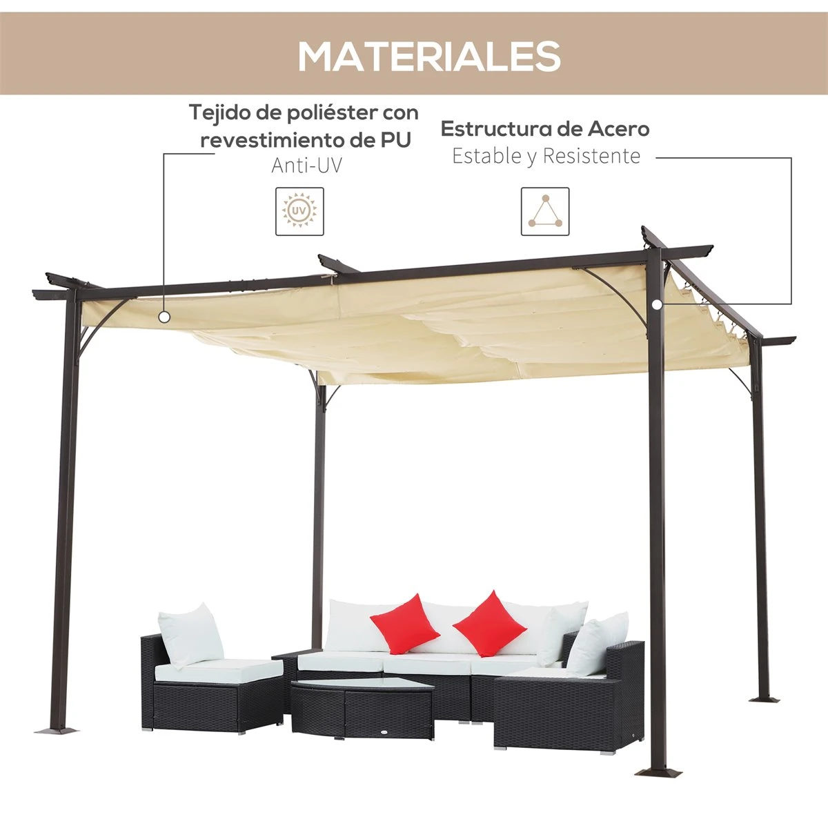 Outsunny Pérgola De Metal 3.5x3.5m Gazebo Cenador Para Jardín Patio O Terraza Con Techo Retráctil Tela Poliéster Resistente Al Agua Y UV 6 Outsunny Pérgola De Metal 3.5x3.5m Gazebo Cenador Para Jardín Patio O Terraza Con Techo Retráctil Tela Poliéster Resistente Al Agua Y UV - Imagen 4