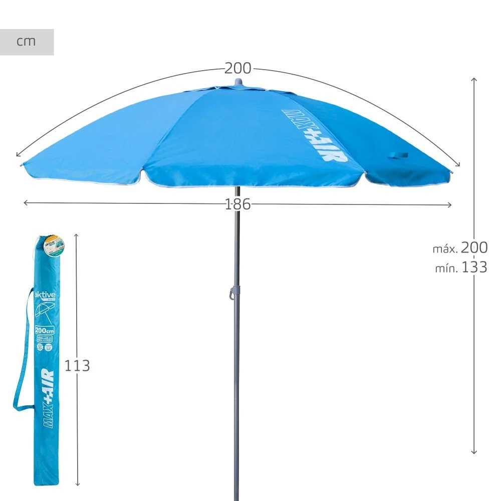 Sombrilla Playa Antiviento Ø200 Cm C/mástil Inclinable Y Protección UV50 Azul Aktive 7 Sombrilla Playa Antiviento Ø200 Cm C/mástil Inclinable Y Protección UV50 Azul Aktive - Imagen 5