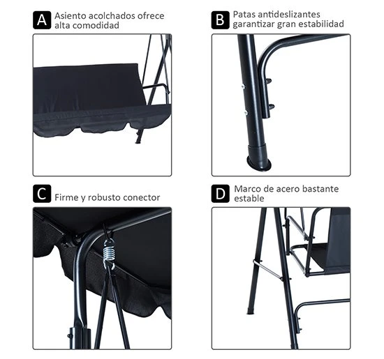 Outsunny Columpio De Jardín De 3 Plazas Silla Balancín Con Parasol Techo Ajustable En Ángulo Para Terraza Balcón Carga Máx. 200 Kg Acero 172x110x153 Cm Negro 7 Outsunny Columpio De Jardín De 3 Plazas Silla Balancín Con Parasol Techo Ajustable En Ángulo Para Terraza Balcón Carga Máx. 200 Kg Acero 172x110x153 Cm Negro - Imagen 5