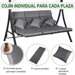 Outsunny Balancín Con Toldo Ajustable De 3 Plazas Columpio De Jardín Con Dosel Cojines Para Exterior Terraza Patio Carga 270 Kg 200x115x168 Cm Gris -Tienda Barata Lounge Sol 309b9d0ef67cef7b11eaef97c389a92c80182b57 cfbe76e477ad4e32bd8a21556bf08b37