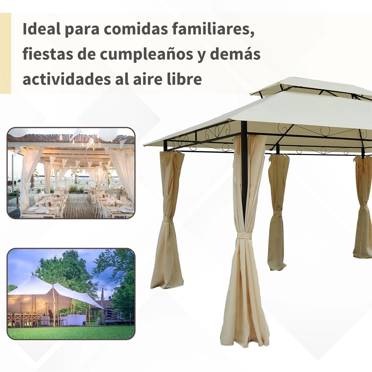 Outsunny Cenador De Jardín 3x4 M Marco Acero Gazebo Con Doble Techo 6 Cortinas Laterales 8 Orificios De Drenaje Buena Ventilación Para Fiestas Eventos Crema 8 Outsunny Cenador De Jardín 3x4 M Marco Acero Gazebo Con Doble Techo 6 Cortinas Laterales 8 Orificios De Drenaje Buena Ventilación Para Fiestas Eventos Crema - Imagen 6