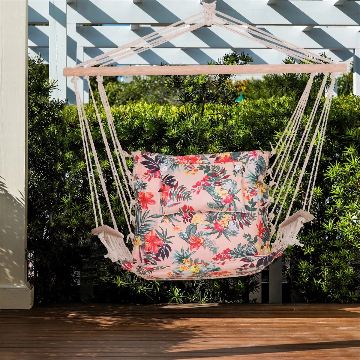 Outsunny Silla Colgante Estampado Floral Hamaca Con Cojín Reposacabezas Para Interior Exterior 100x106 Cm Carga Máx. 100 Kg 4 Outsunny Silla Colgante Estampado Floral Hamaca Con Cojín Reposacabezas Para Interior Exterior 100x106 Cm Carga Máx. 100 Kg - Imagen 2