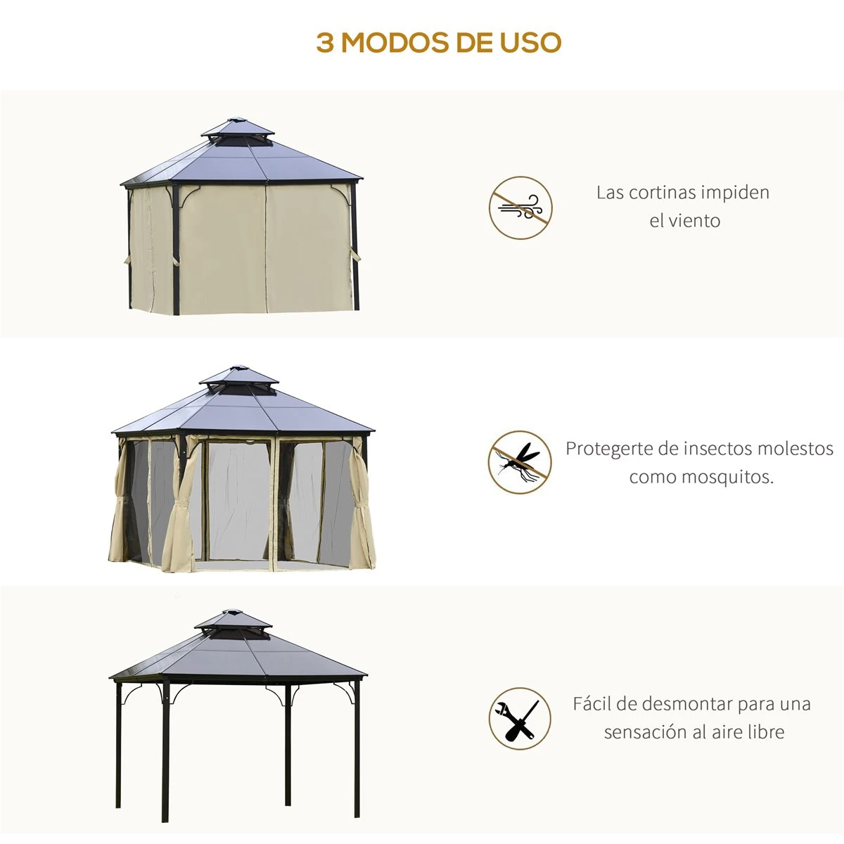 Outsunny Cenador De Jardín 3x3 M Marco De Aluminio Con Doble Techo De Policarbonato Y 4 Cortinas 4 Mosquiteras Con Cremallera Para Exterior Fiestas Beige Y Negro 9 Outsunny Cenador De Jardín 3x3 M Marco De Aluminio Con Doble Techo De Policarbonato Y 4 Cortinas 4 Mosquiteras Con Cremallera Para Exterior Fiestas Beige Y Negro - Imagen 7