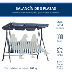 Outsunny Columpio Balancín De Jardín Exterior De 3 Plazas Con Cojín Techo Ajustable Y Marco De Metal Para Balcón Terraza Patio Carga Máx. 200 Kg 172x110x153 Cm Raya Azul -Tienda Barata Lounge Sol 47de6e425d3086c997cc7f5066607515e7376d05 f773bcec56b649ba88c4ae21ee5d67ff
