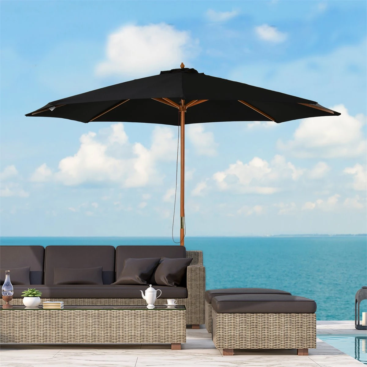 Outsunny Sombrilla Parasol De Jardín Ø300x250 Cm Con Sistema De Pestillo De Fijación Techo Ventilado Y Poste Desmontable De Madera Para Terraza Patio Exterior Negro 4 Outsunny Sombrilla Parasol De Jardín Ø300x250 Cm Con Sistema De Pestillo De Fijación Techo Ventilado Y Poste Desmontable De Madera Para Terraza Patio Exterior Negro - Imagen 2