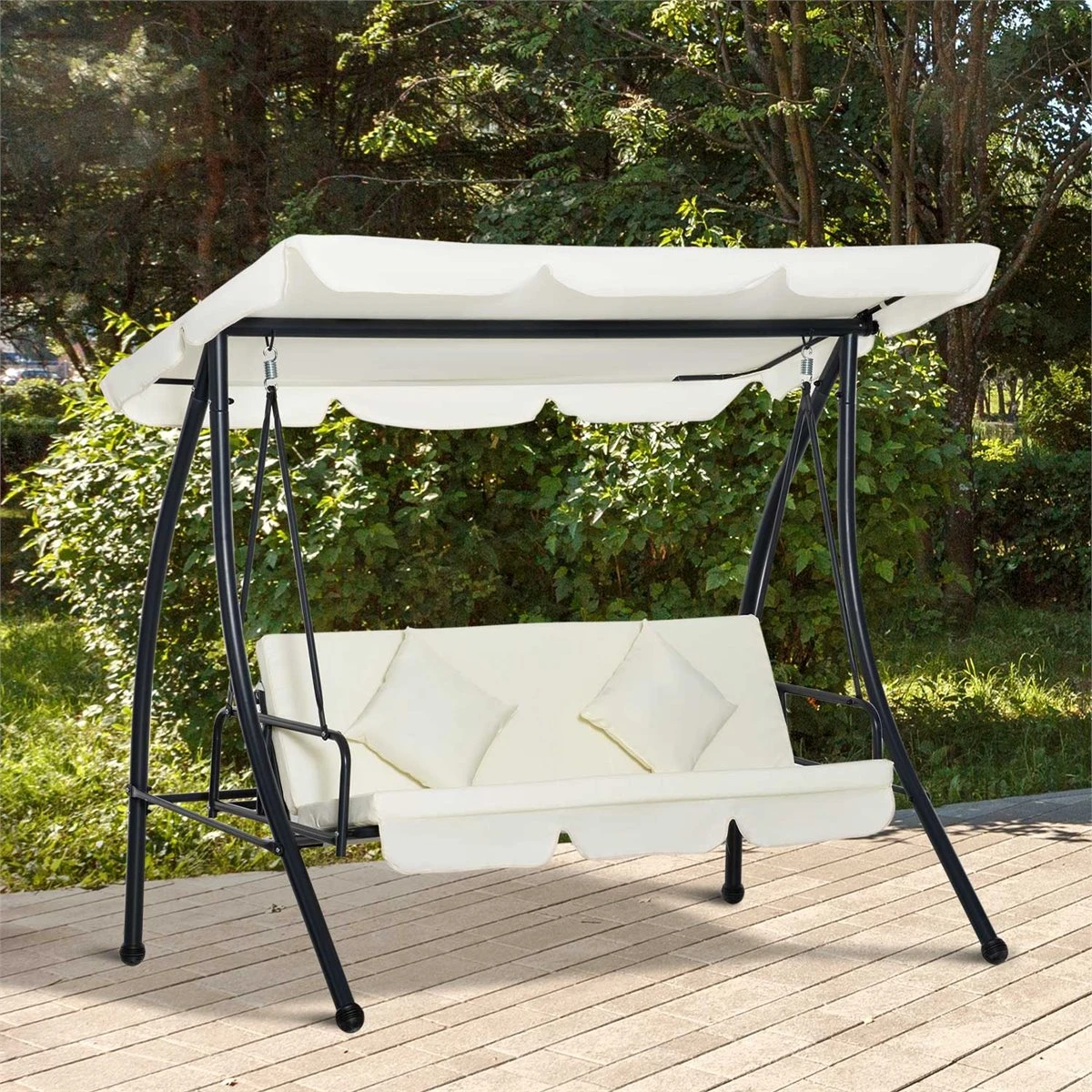 Outsunny Columpio Balancín Jardín De 3 Plazas Convertible En Cama Con Techo Ajustable Cojín Acolchado Y Almohadas Para Balcón Terraza Carga 340 Kg Acero 200x125x170 Cm Crema 4 Outsunny Columpio Balancín Jardín De 3 Plazas Convertible En Cama Con Techo Ajustable Cojín Acolchado Y Almohadas Para Balcón Terraza Carga 340 Kg Acero 200x125x170 Cm Crema - Imagen 2