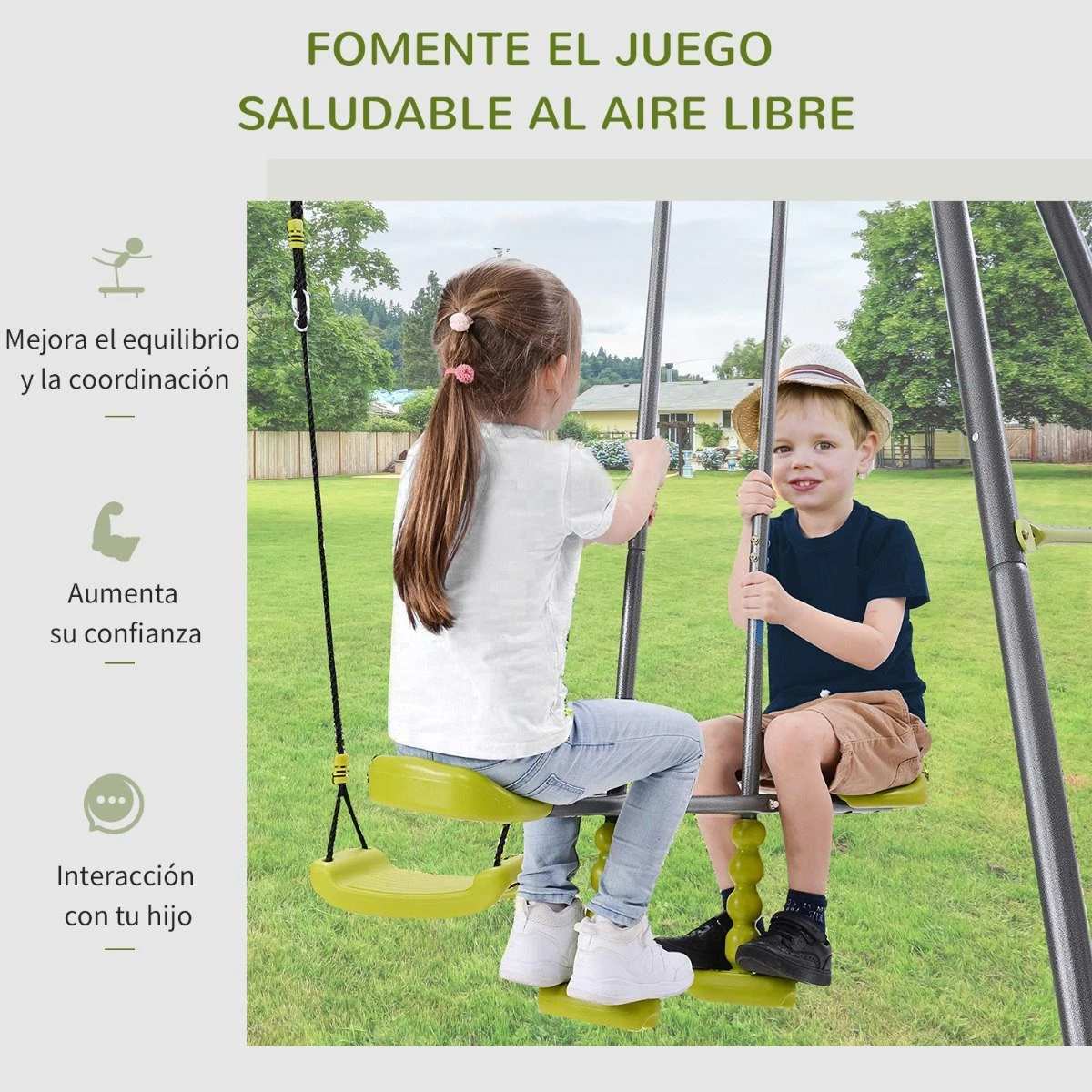 HOMCOM Set De Columpio Infantil Al Aire Libre Con Columpio Y Balancín Doble Plaza Juguetes Exterior Adecuado Para +3 Años 245x138x180cm Verde Y Gris 6 HOMCOM Set De Columpio Infantil Al Aire Libre Con Columpio Y Balancín Doble Plaza Juguetes Exterior Adecuado Para +3 Años 245x138x180cm Verde Y Gris - Imagen 4