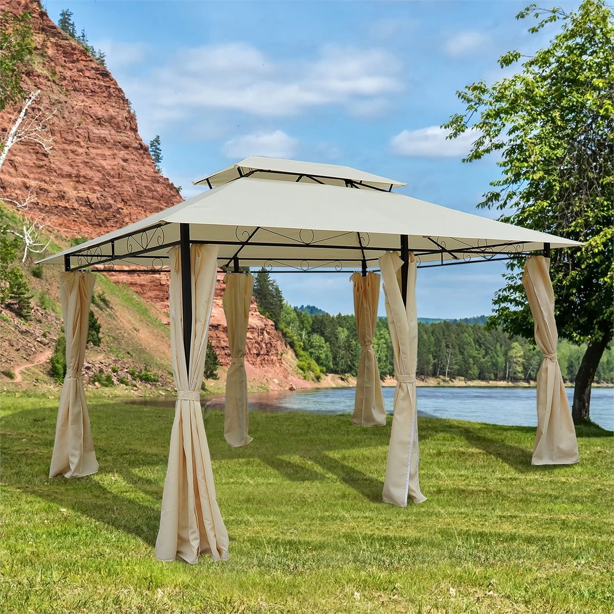 Outsunny Cenador De Jardín 3x4 M Marco Acero Gazebo Con Doble Techo 6 Cortinas Laterales 8 Orificios De Drenaje Buena Ventilación Para Fiestas Eventos Crema 10 Outsunny Cenador De Jardín 3x4 M Marco Acero Gazebo Con Doble Techo 6 Cortinas Laterales 8 Orificios De Drenaje Buena Ventilación Para Fiestas Eventos Crema - Imagen 8