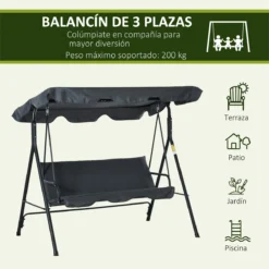 Outsunny Columpio Balancín De Jardín Exterior De 3 Plazas Con Cojín Techo Ajustable Y Marco De Acero Para Balcón Terraza Patio Carga Máx. 200 Kg 172x110x153 Cm Gris -Tienda Barata Lounge Sol 683c0010cbb6426b66ead9c11e9ed753a50ed273 58d1ec7a5cdc479db925989c912fc41a
