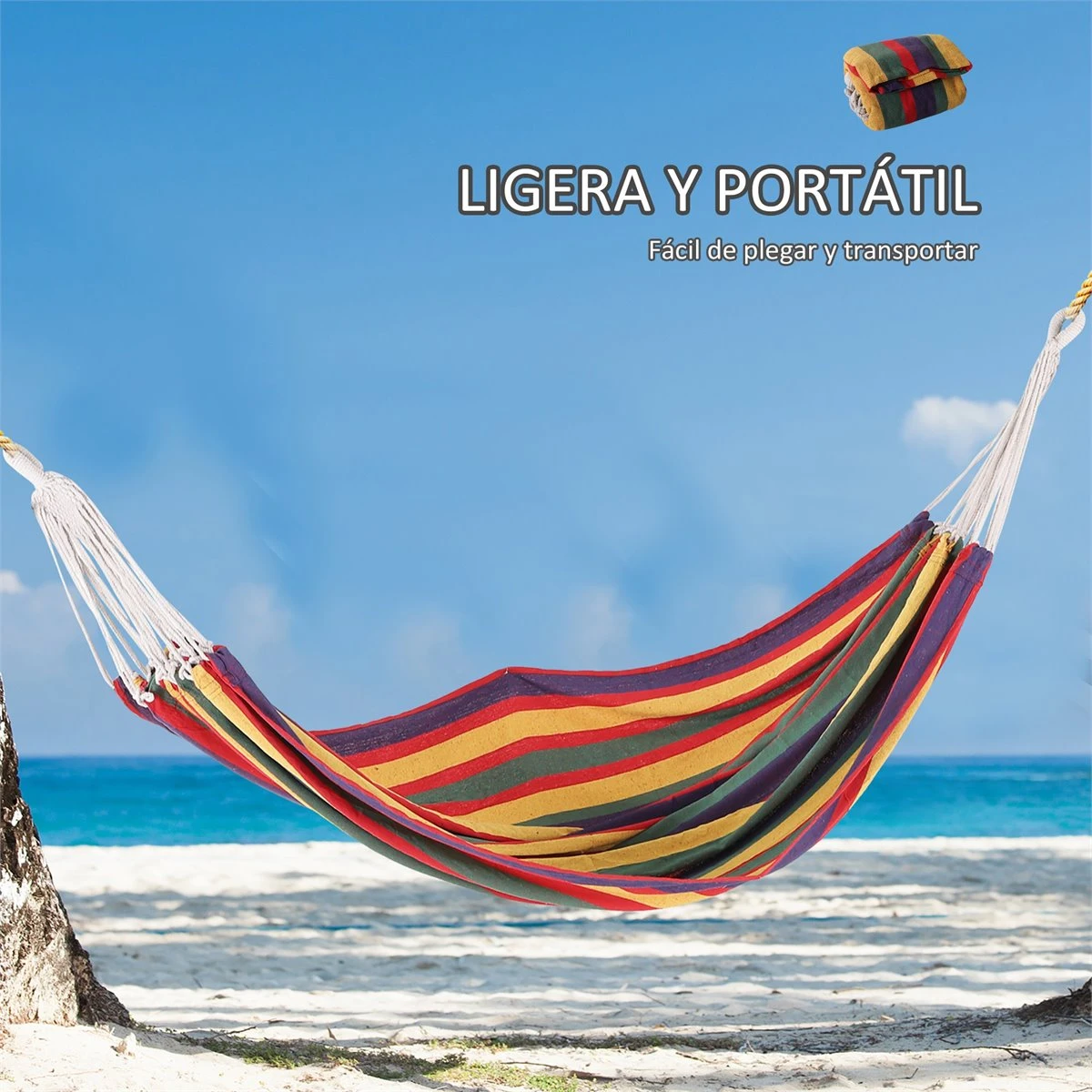 Outsunny Hamaca De Algodón Para Jardín 210x150 Cm Hamaca Colgante Portátil Carga Máx. 180 Kg Para Acampar Piscina Camping Rayas Multicolor 9 Outsunny Hamaca De Algodón Para Jardín 210x150 Cm Hamaca Colgante Portátil Carga Máx. 180 Kg Para Acampar Piscina Camping Rayas Multicolor - Imagen 7