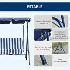 Outsunny Columpio Balancín De Jardín Exterior De 3 Plazas Con Cojín Techo Ajustable Y Marco De Metal Para Balcón Terraza Patio Carga Máx. 200 Kg 172x110x153 Cm Raya Azul -Tienda Barata Lounge Sol 772594da9cef3828dfc8dcbe91c5b37fb1be9b78 ff77b45b475844379f5c7c4943c9a7aa