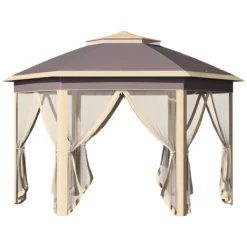 Outsunny Carpa Plegable Exterior 4,05x3,4x2,85 M Altura Ajustable Cenador De Jardín Hexagonal Con Doble Techo Mosquiteras Extraíbles Y Bolsa De Transporte Para Fiestas Beige