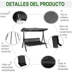 Outsunny Balancín Con Toldo Ajustable De 3 Plazas Columpio De Jardín Con Dosel Cojines Para Exterior Terraza Patio Carga 270 Kg 200x115x168 Cm Gris -Tienda Barata Lounge Sol 7c2c30bda9a61a2b7e279046d5566d390cc8c3ec 7b4b744676e74831a9d55a9f75207307