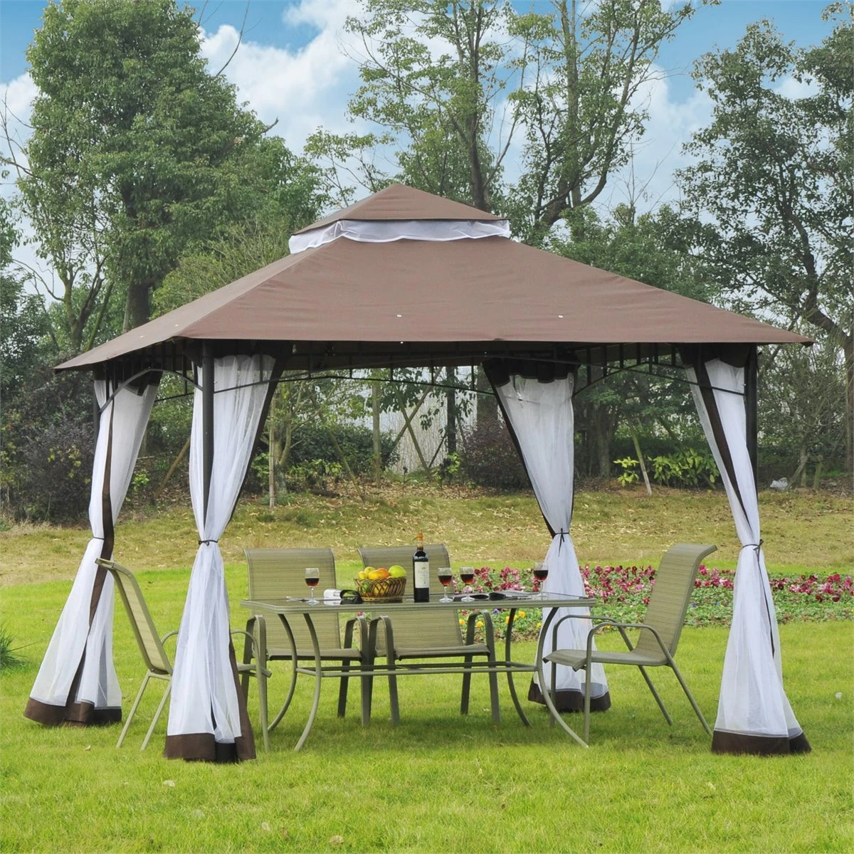 Outsunny Cenador De Jardín 3x3m Pabellón Con Doble Techo Y Mosquiteras Laterales Con Cremallera Buena Ventilación Para Terraza Eventos Fiestas Bodas Marrón Y Blanco 4 Outsunny Cenador De Jardín 3x3m Pabellón Con Doble Techo Y Mosquiteras Laterales Con Cremallera Buena Ventilación Para Terraza Eventos Fiestas Bodas Marrón Y Blanco - Imagen 2