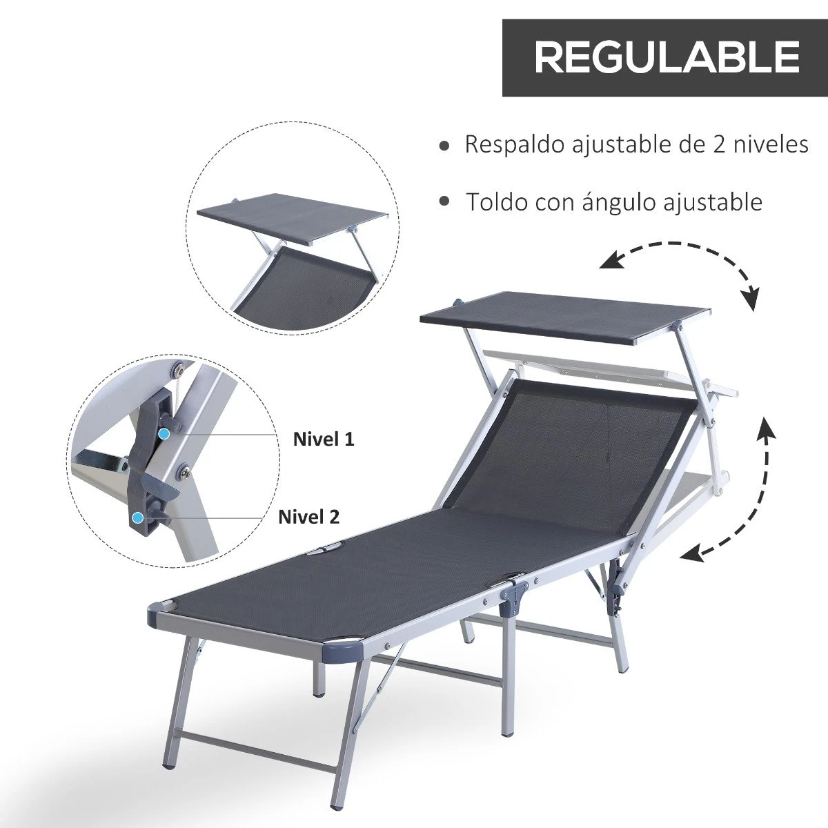 Outsunny Tumbona Plegable Y Reclinable De Aluminio Con Toldo Incorporado Para Piscina Jardín Terraza Exterior Carga 120 Kg 169x72x55/72cm Gris 6 Outsunny Tumbona Plegable Y Reclinable De Aluminio Con Toldo Incorporado Para Piscina Jardín Terraza Exterior Carga 120 Kg 169x72x55/72cm Gris - Imagen 4