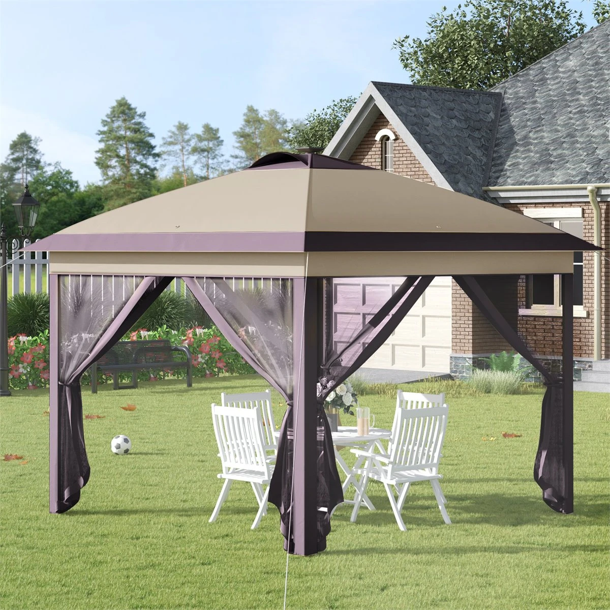 Outsunny Carpa Plegable Exterior 3,3x3,3x2,85 M Con Luces LED Y Control Remoto Cenador De Jardín Con 4 Mosquiteras Extraíbles Y Bolsa De Transporte Para Camping Fiestas Beige 4 Outsunny Carpa Plegable Exterior 3,3x3,3x2,85 M Con Luces LED Y Control Remoto Cenador De Jardín Con 4 Mosquiteras Extraíbles Y Bolsa De Transporte Para Camping Fiestas Beige - Imagen 2