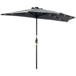 Outsunny Sombrilla Semicircular Con 24 Luces LED Solar 270x135x240 Cm Parasol De Jardín Con Manivela Techo De Ventilación Para Pared Terraza Gris