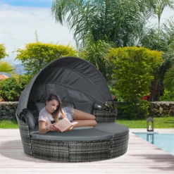 Outsunny Isla De Ratán Modular Para Exterior 5 Piezas Tumbona Redonda Con Toldo Plegable Cojines Extraíbles Lavables Y 3 Almohadas Marco De Metal 175x180x147 Cm Gris -Tienda Barata Lounge Sol 989df98acc2e392a8f3396d4ff52fc65e67d8cdb 08823759aa5d46b9b9e201348d7e29eb