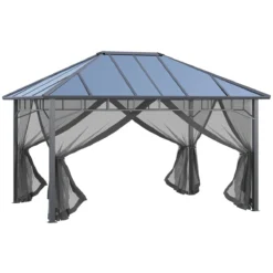 Outsunny Cenador De Jardín 4x3 M Aluminio Pabellón Para Exterior Con Techo De Policarbonato Y 4 Mosquiteras Laterales Con Cremalleras Para Fiestas Eventos Gris