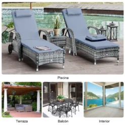Outsunny Set De 2 Tumbonas Chaise Longue + 1 Mesa De Ratan Para Jardín O Terraza Sillas Con Cojín Y Respaldo Ajustable A 5 Niveles (Gris) -Tienda Barata Lounge Sol 9e679dfbc9688a81d7b9dcb9917de8b49d73a8d7 8e1e2b16042842eba137449a056535b7