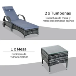 Outsunny Set De 2 Tumbonas Chaise Longue + 1 Mesa De Ratan Para Jardín O Terraza Sillas Con Cojín Y Respaldo Ajustable A 5 Niveles (Gris) -Tienda Barata Lounge Sol a26a75f49b81d7bc968c6714abe7fec6dbbdb527 435681a95ffa4d2e887e492fbda7b0c8