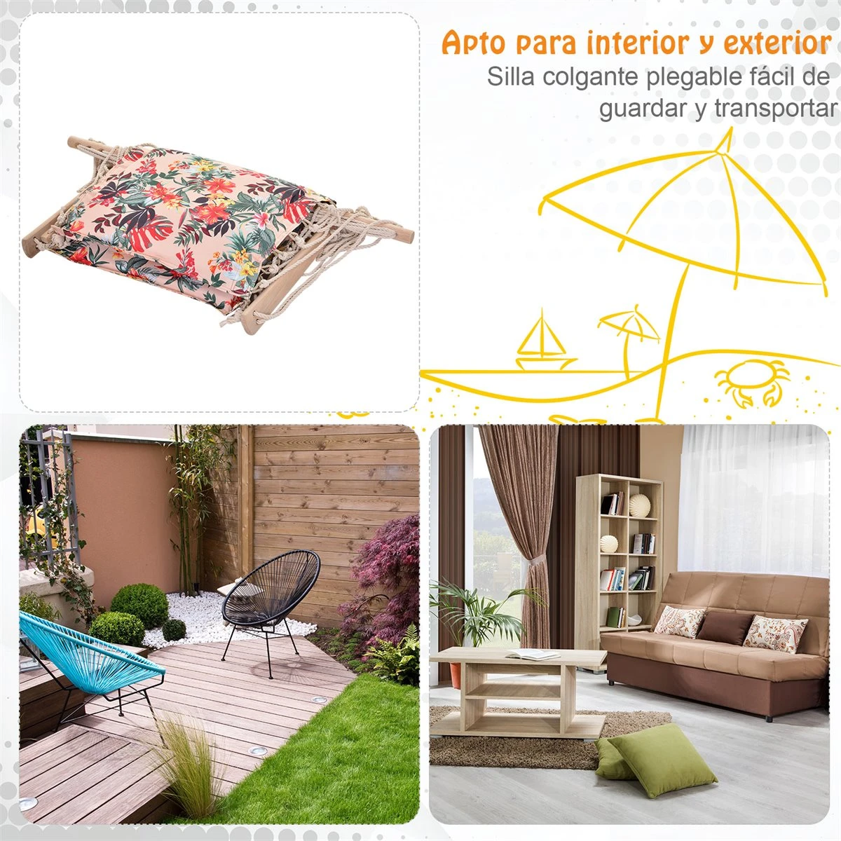 Outsunny Silla Colgante Estampado Floral Hamaca Con Cojín Reposacabezas Para Interior Exterior 100x106 Cm Carga Máx. 100 Kg 9 Outsunny Silla Colgante Estampado Floral Hamaca Con Cojín Reposacabezas Para Interior Exterior 100x106 Cm Carga Máx. 100 Kg - Imagen 7