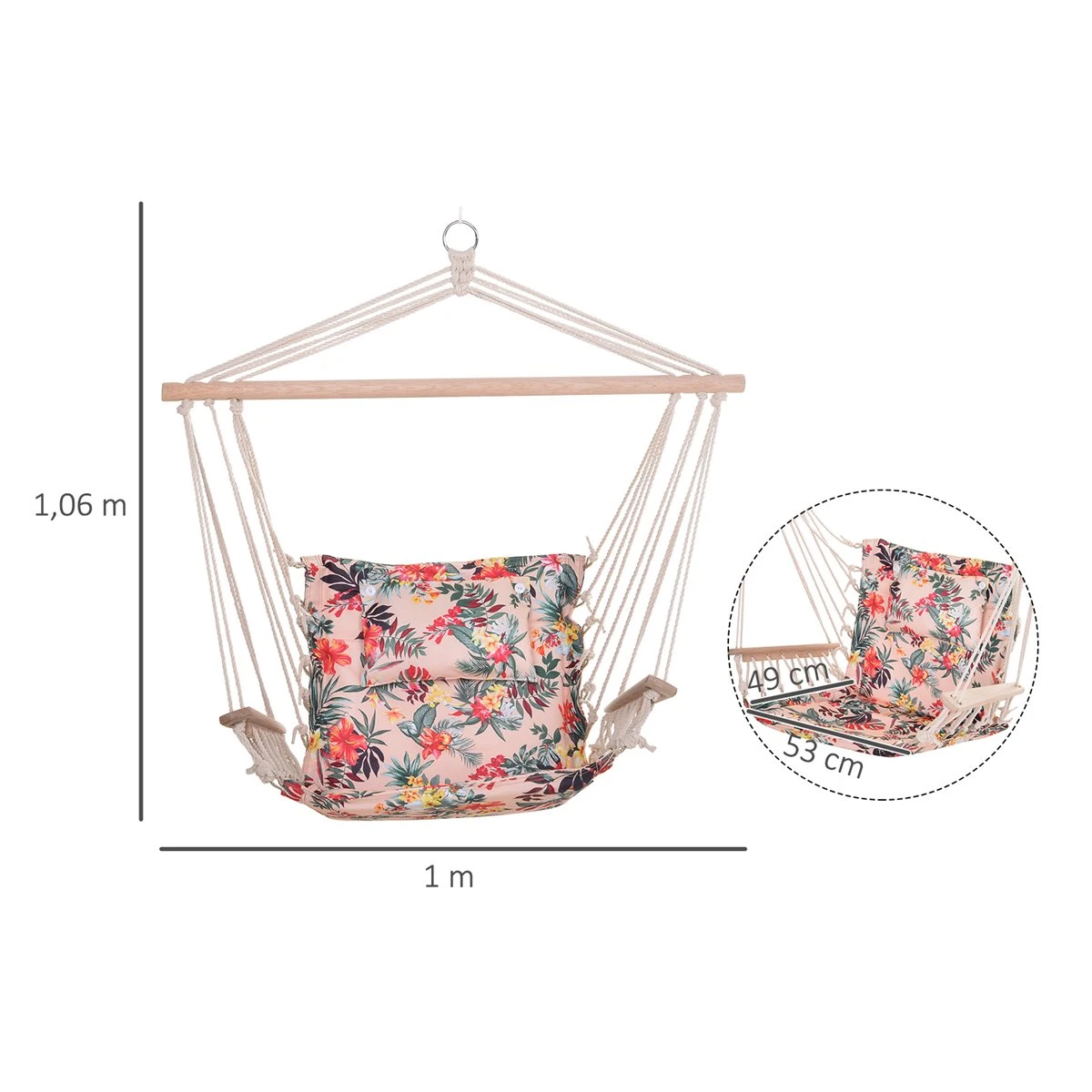 Outsunny Silla Colgante Estampado Floral Hamaca Con Cojín Reposacabezas Para Interior Exterior 100x106 Cm Carga Máx. 100 Kg 5 Outsunny Silla Colgante Estampado Floral Hamaca Con Cojín Reposacabezas Para Interior Exterior 100x106 Cm Carga Máx. 100 Kg - Imagen 3