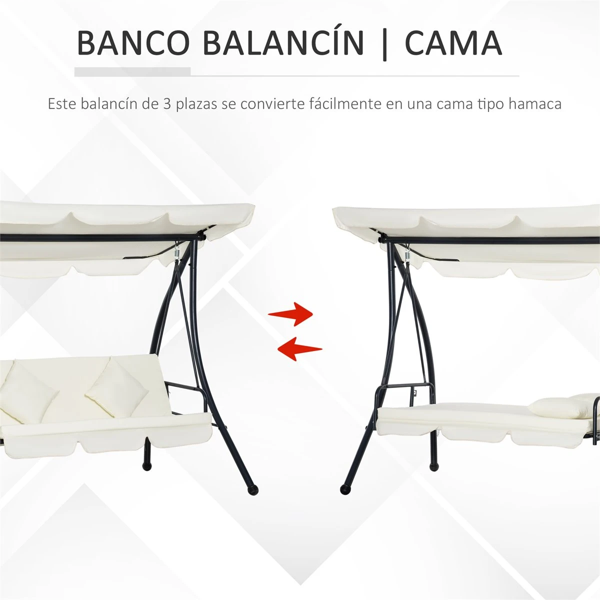 Outsunny Columpio Balancín Jardín De 3 Plazas Convertible En Cama Con Techo Ajustable Cojín Acolchado Y Almohadas Para Balcón Terraza Carga 340 Kg Acero 200x125x170 Cm Crema 6 Outsunny Columpio Balancín Jardín De 3 Plazas Convertible En Cama Con Techo Ajustable Cojín Acolchado Y Almohadas Para Balcón Terraza Carga 340 Kg Acero 200x125x170 Cm Crema - Imagen 4