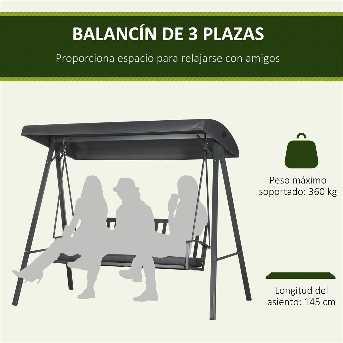 Outsunny Columpio De Jardín De 3 Plazas Silla Balancín Con Toldo Inclinable Cojín Extraíble Y Marco De Acero Para Terraza Piscina Patio Carga 360 Kg 210x128x184 Cm Gris Oscuro 6 Outsunny Columpio De Jardín De 3 Plazas Silla Balancín Con Toldo Inclinable Cojín Extraíble Y Marco De Acero Para Terraza Piscina Patio Carga 360 Kg 210x128x184 Cm Gris Oscuro - Imagen 4