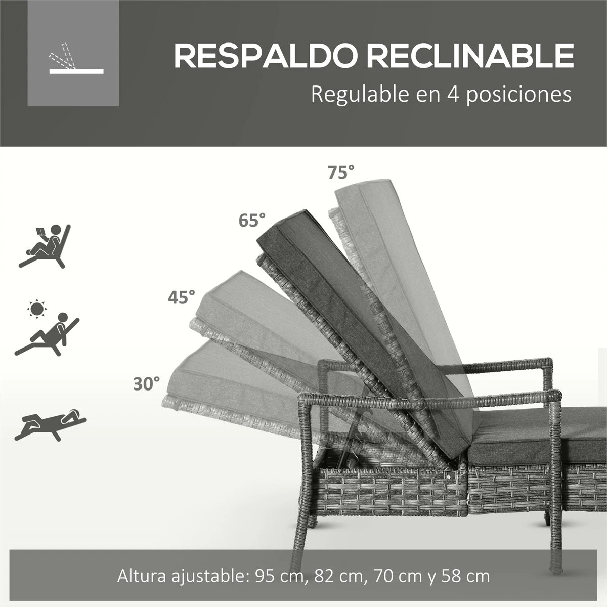 Outsunny Conjunto De 2 Tumbonas De Ratán De Jardín Chaise Longue Con Respaldo Ajustable En 4 Posiciones Cojines Acolchados Y Desenfundables Para Terraza Patio Exterior 192x62,5x58-95 Cm Gris 6 Outsunny Conjunto De 2 Tumbonas De Ratán De Jardín Chaise Longue Con Respaldo Ajustable En 4 Posiciones Cojines Acolchados Y Desenfundables Para Terraza Patio Exterior 192x62,5x58-95 Cm Gris - Imagen 4