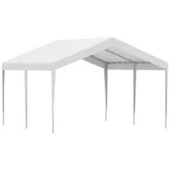 Outsunny Carpa Garaje Para Coche 4x4 M Cochera Portátil Impermeable Pabellón Gazebo De Jardín Patio Exterior Con Accesorios Para Eventos Fiestas Metal Galvanizado Blanco