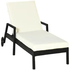 Outsunny Tumbona De Ratán De Jardín Con Cojines Acolchados Respaldo Ajustable En 5 Posiciones 2 Ruedas Y Tela Extraíble Lavable 67x196x96 Cm Negro